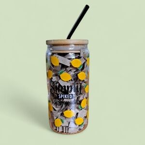 Lemon Patterned Glass Tumbler with Straw